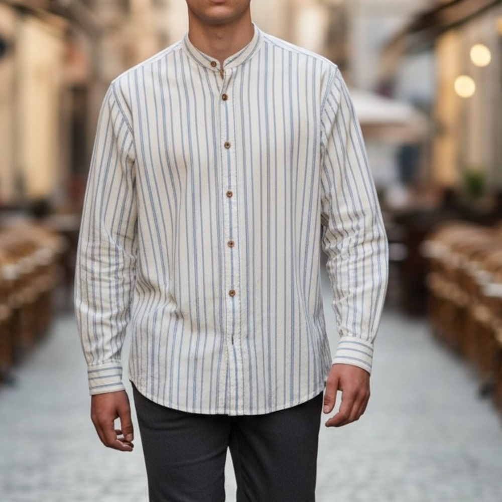 Emerald Isle Weaving Grandad Band Collar Striped Shirt Mens L Vintage